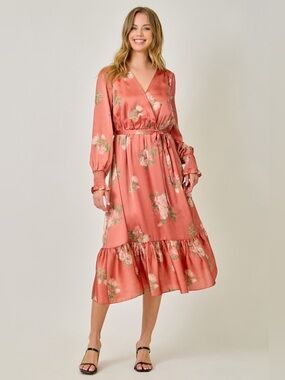 Stella Sky. Coral Vintage Inspired Rose Satin Midi Dress. Size Medium.